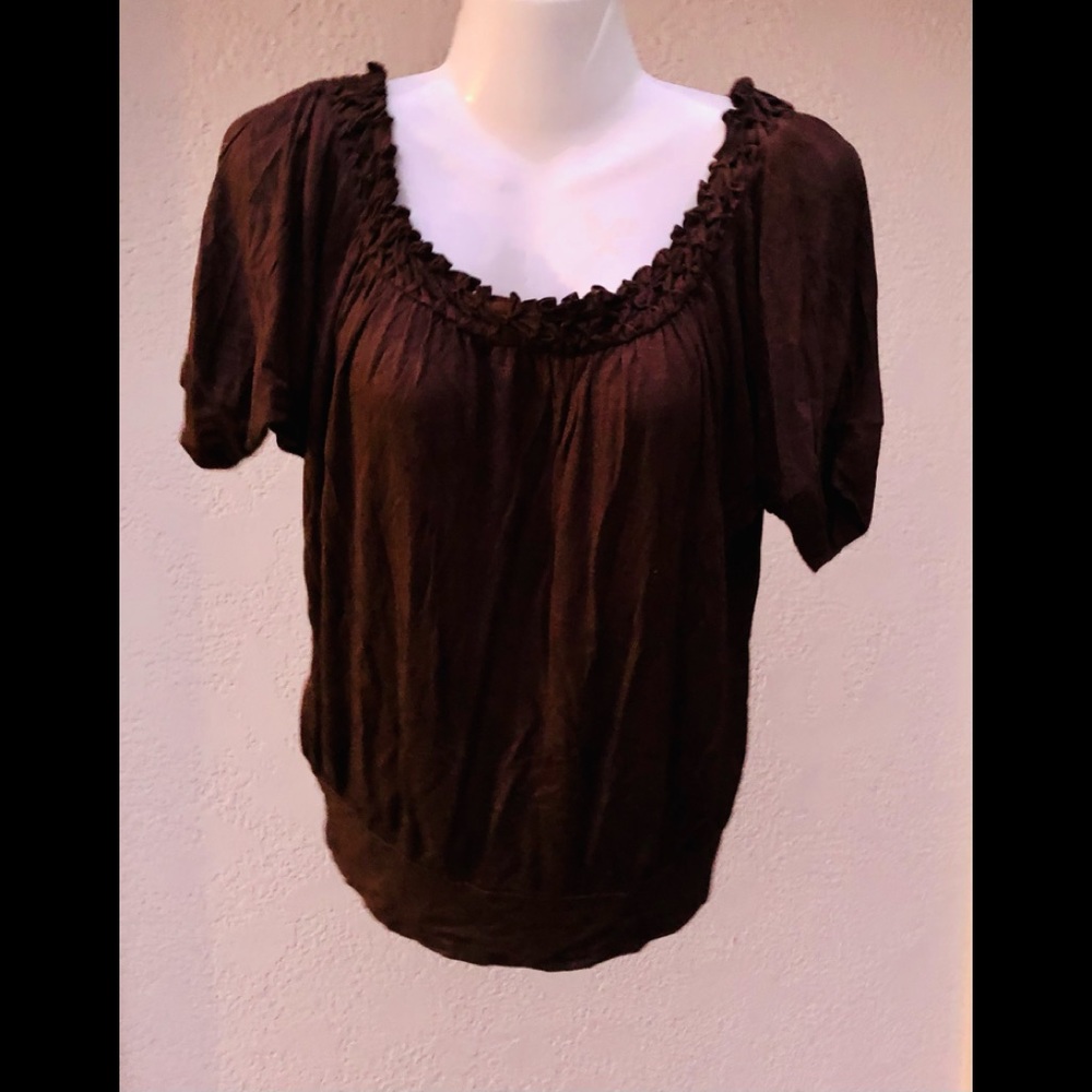 American Rag Boho Brown Peasant Blouse Top Y2K Pleated Bubble Hem Cotton S M